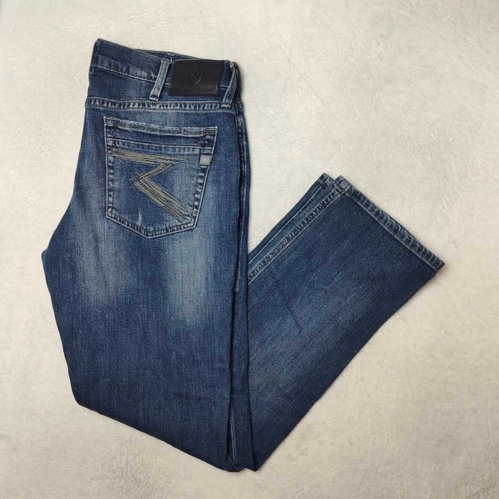Rock & Republic Jeans Mens 36x32 Blue Slim Straight Distressed Denim Whisker